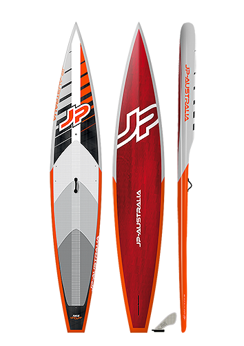 Red 12'6 racing and touring paddle board with white stripes